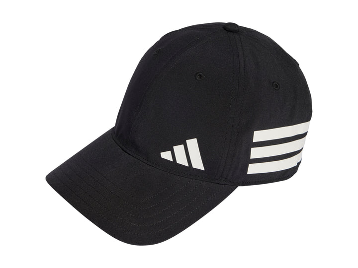 Gorra deportiva Adidas color negro con rayas blancas laterales y logo frontal.
