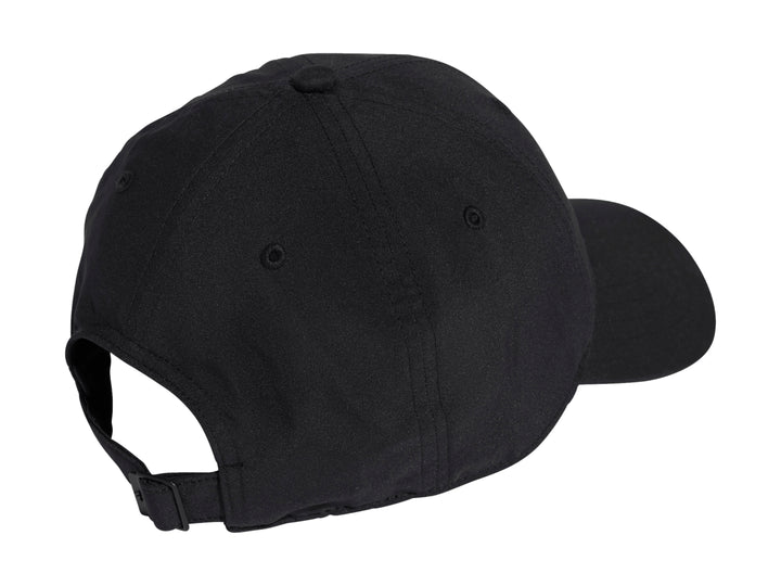 Gorra deportiva Adidas color negro con rayas blancas laterales y logo frontal.