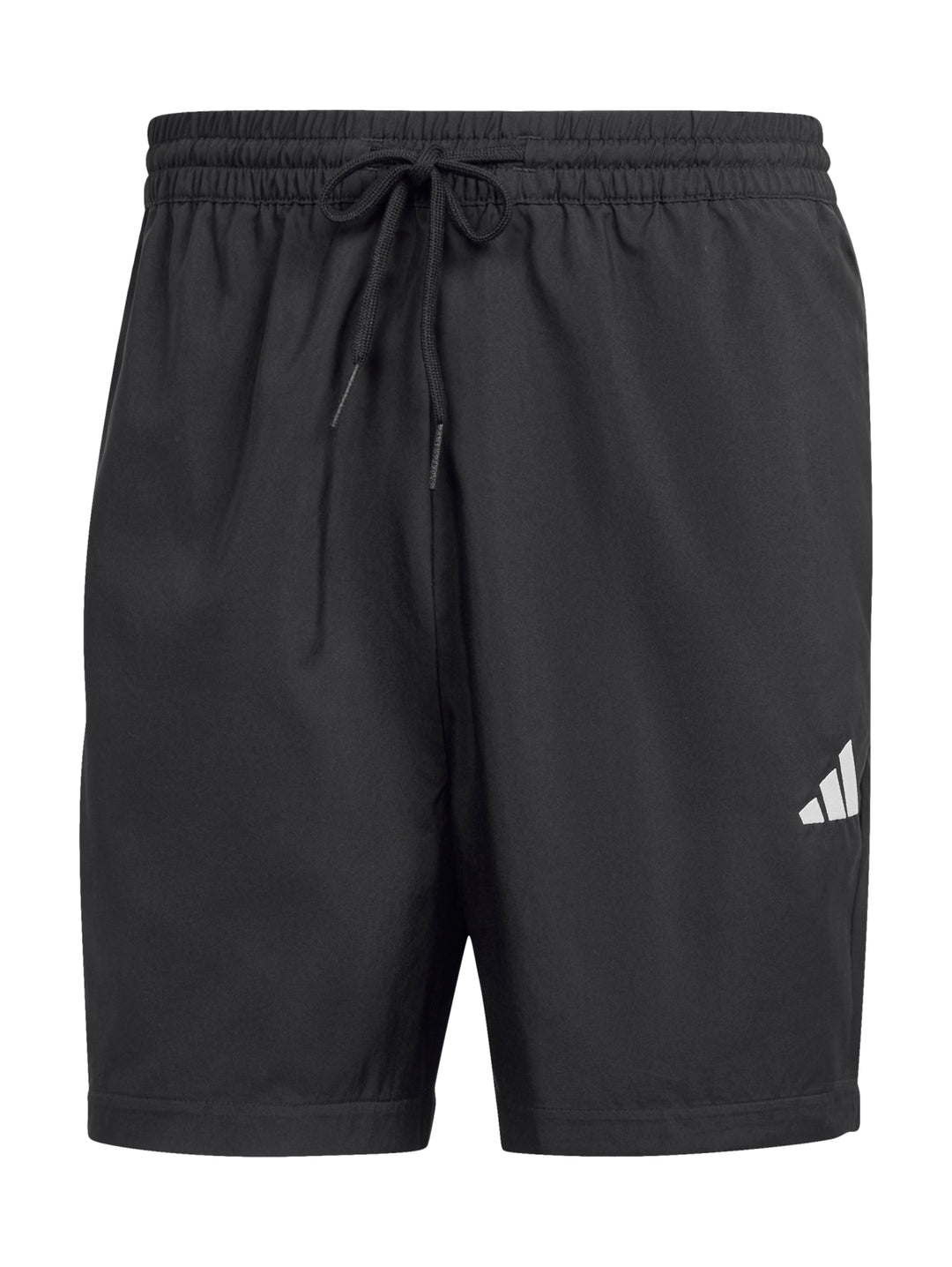 Hombre vistiendo shorts deportivos negros de la marca Adidas con logo blanco en la pierna.
