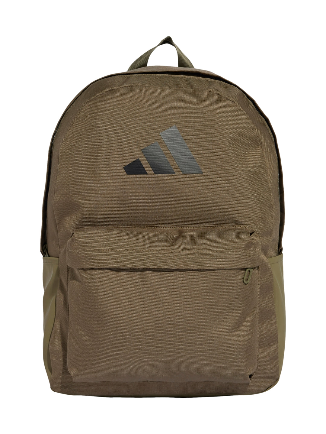 Mochila Adidas color verde oliva con logotipo negro y bolsillo frontal.