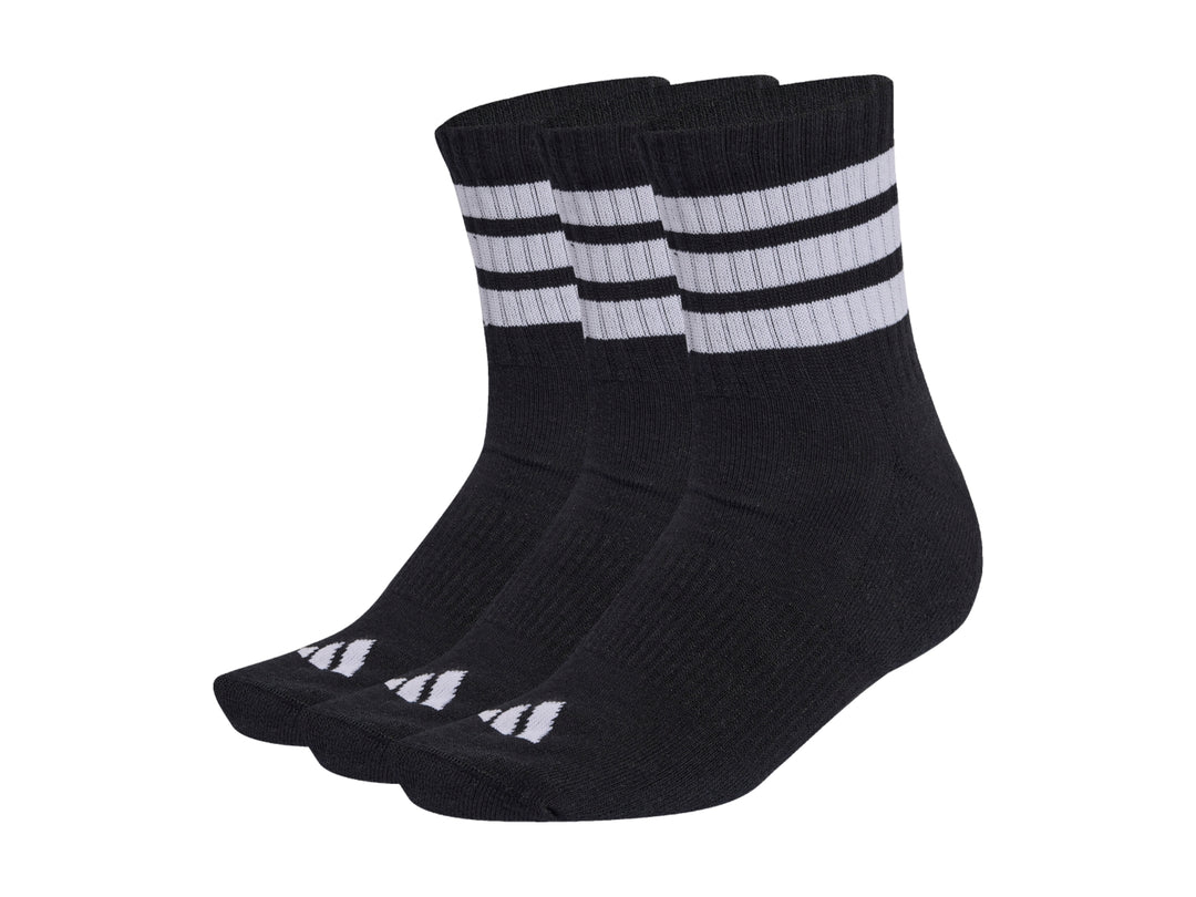 Paquete de tres pares de calcetines Adidas negros con tres franjas blancas en la parte superior y logo blanco en el pie.
