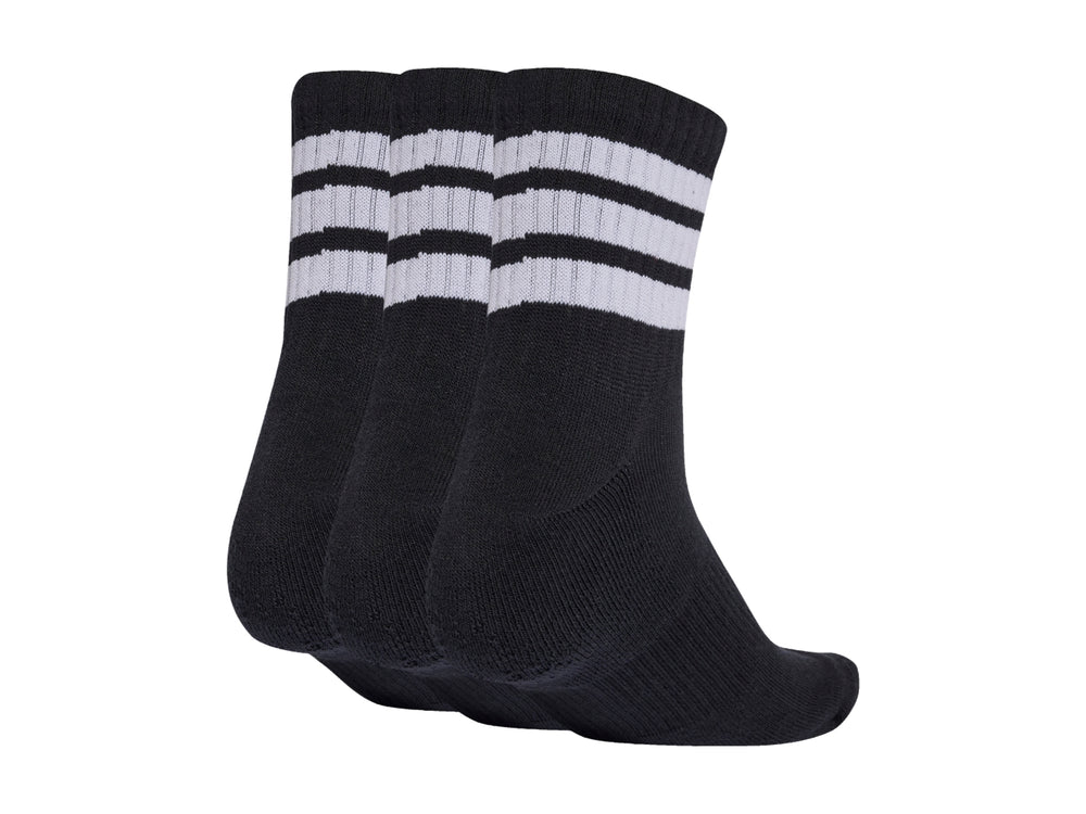 Paquete de tres pares de calcetines Adidas negros con tres franjas blancas en la parte superior y logo blanco en el pie.