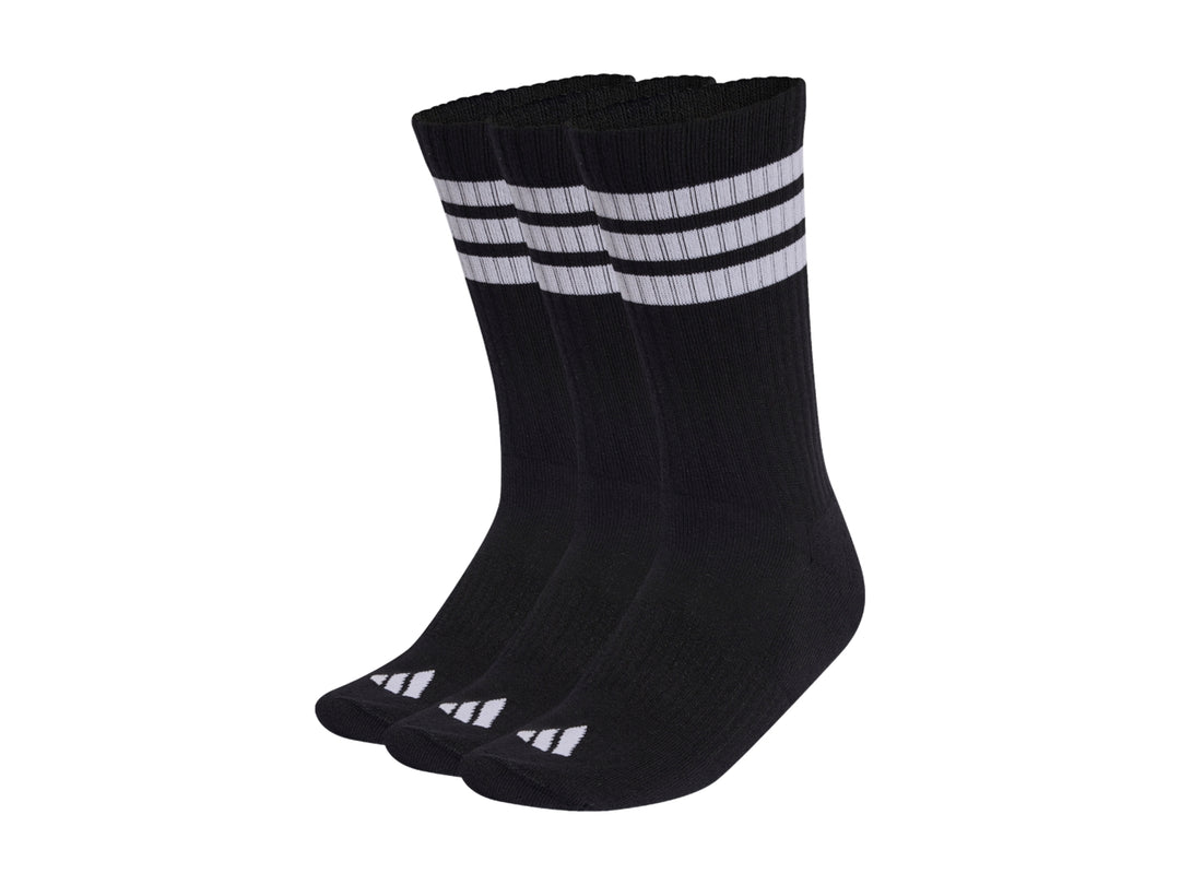 Paquete de tres pares de calcetines deportivos Adidas color negro con tres franjas blancas en la parte superior.