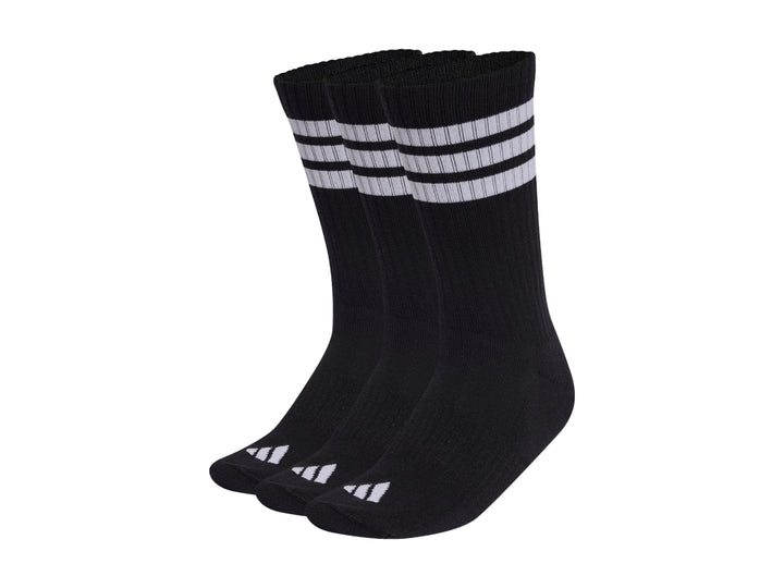 Paquete de tres pares de calcetines deportivos Adidas color negro con tres franjas blancas en la parte superior.