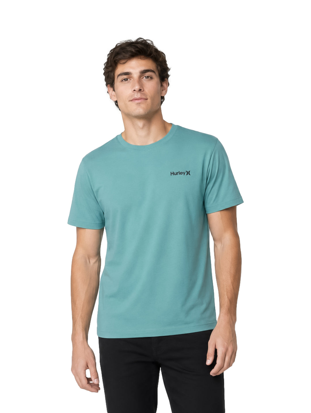 Hombre vistiendo una playera de manga corta color Broken Jade de la marca Hurley.