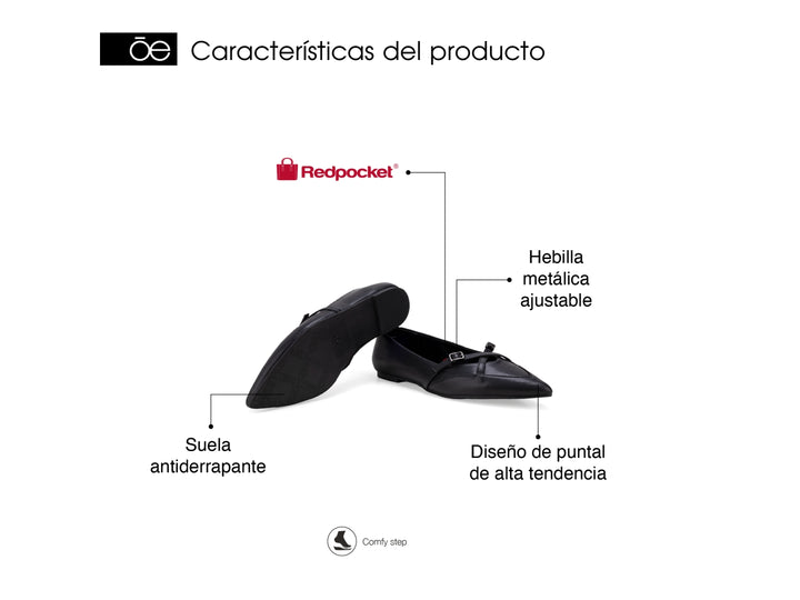 Zapato plano tipo ballerina color negro con detalle de hebilla decorativa en la parte superior.