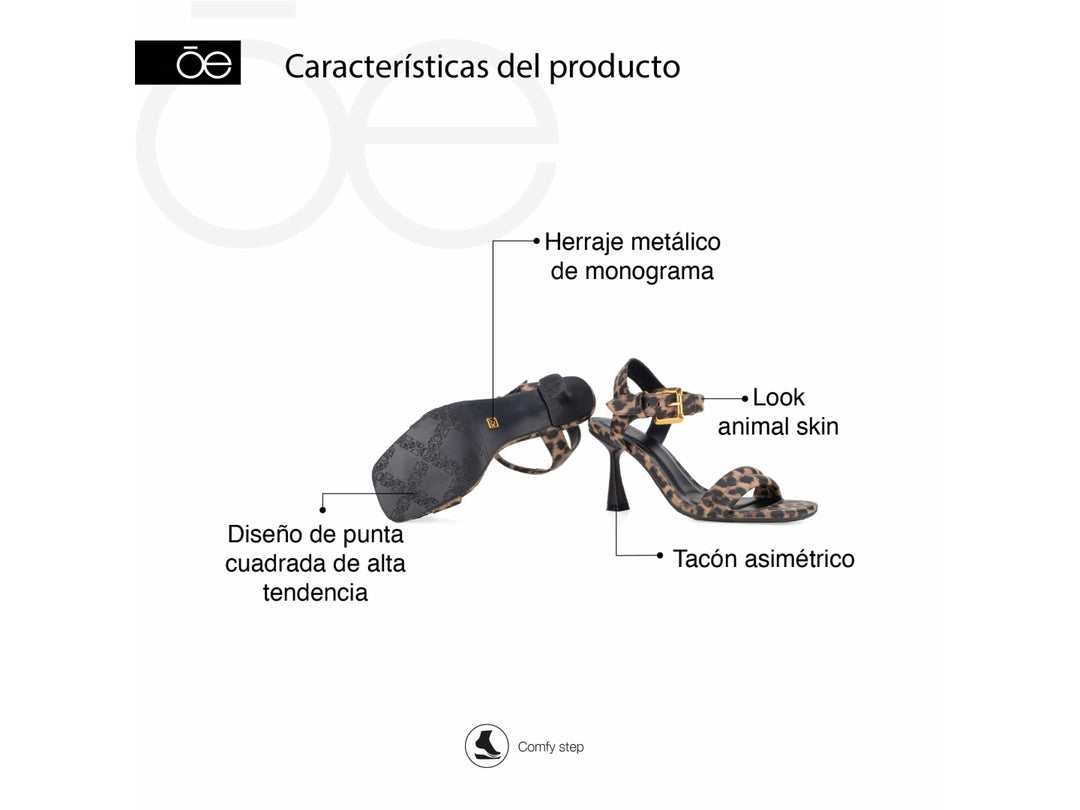Sandalias de tacón alto con estampado de leopardo en marrón y negro y hebilla dorada.