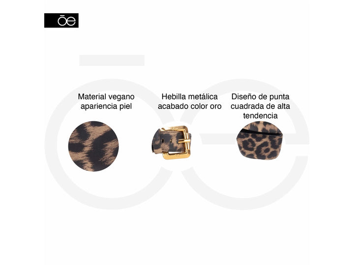 Sandalias de tacón alto con estampado de leopardo en marrón y negro y hebilla dorada.