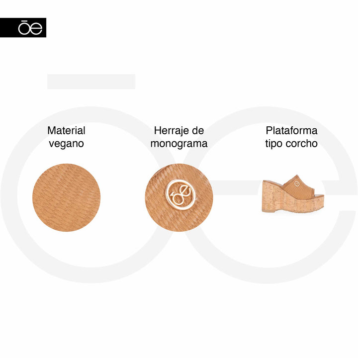 Sandalia de plataforma Cloe color beige con base de corcho y detalle dorado.