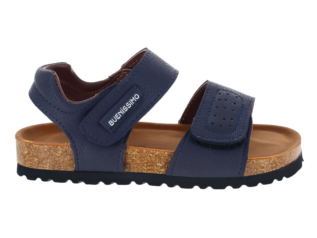 Sandalias azul marino para niño con suela de corcho y cierres de velcro.