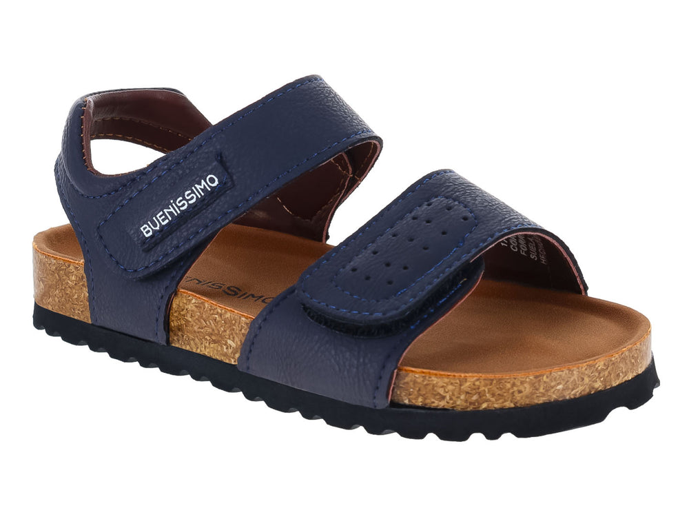 Sandalias azul marino para niño con suela de corcho y cierres de velcro.
