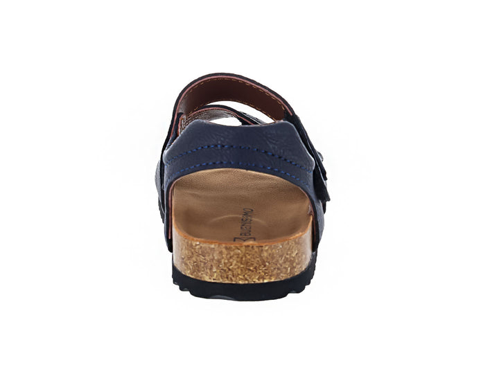 Sandalias azul marino para niño con suela de corcho y cierres de velcro.