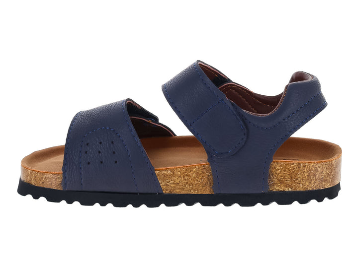 Sandalias azul marino para niño con suela de corcho y cierres de velcro.
