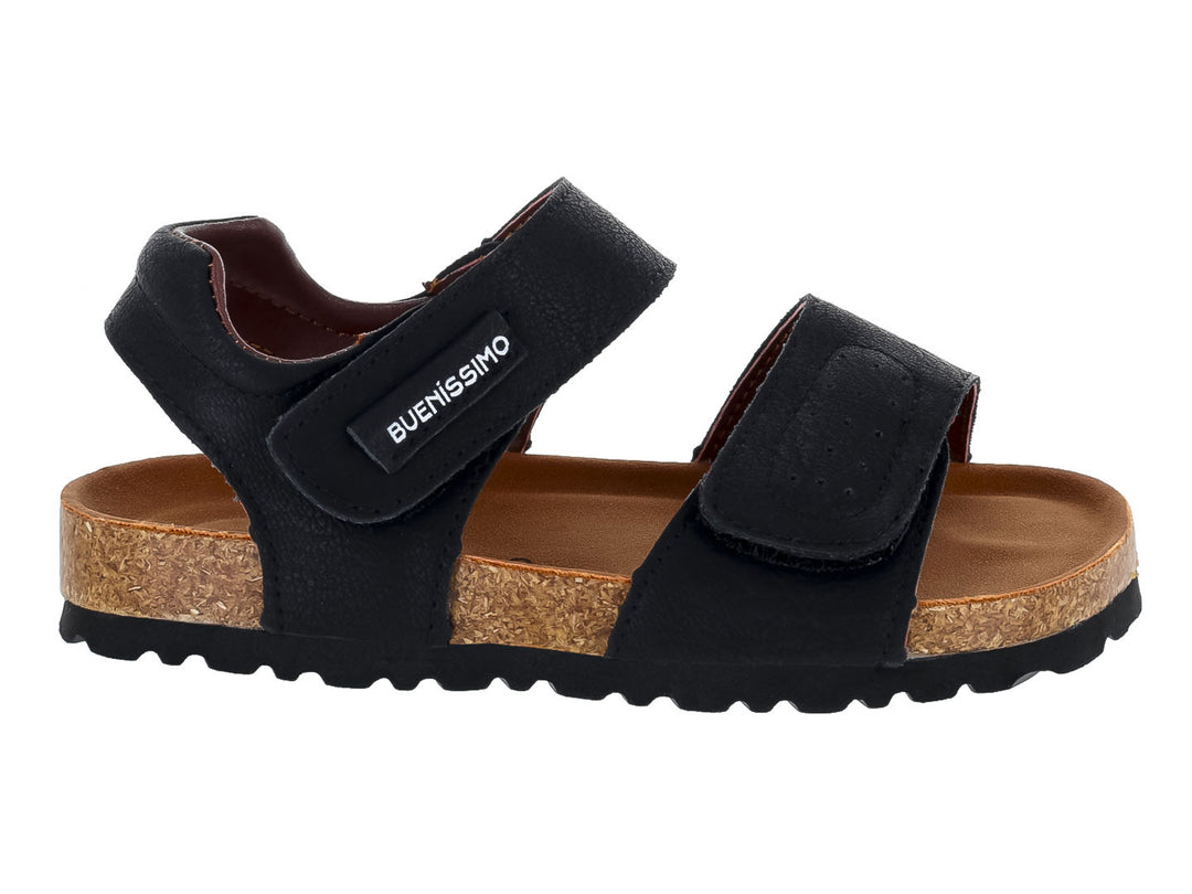 Sandalias negras para niño marca Buenissimo con suela de corcho y cierres de velcro.