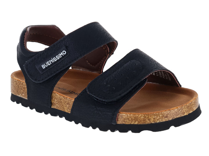 Sandalias negras para niño marca Buenissimo con suela de corcho y cierres de velcro.