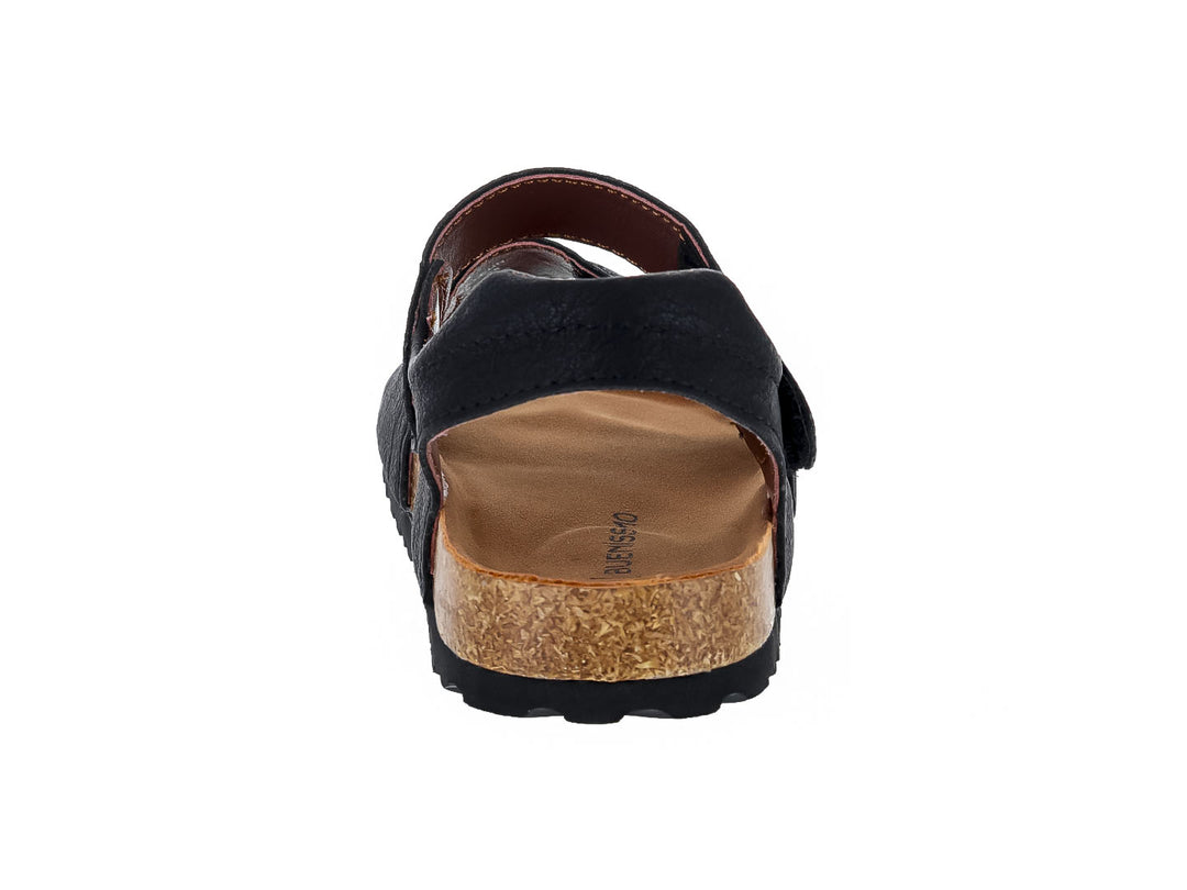 Sandalias negras para niño marca Buenissimo con suela de corcho y cierres de velcro.