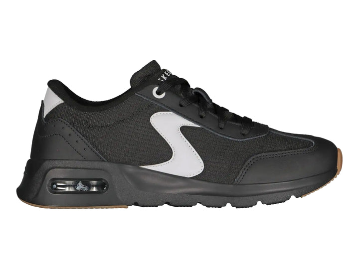 Tenis deportivos Skechers para mujer en color negro con detalles blancos y suela café.