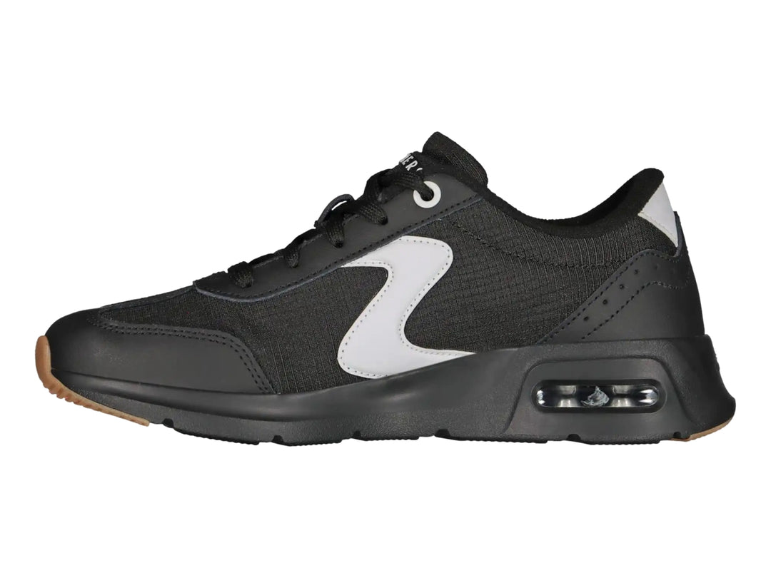 Tenis deportivos Skechers para mujer en color negro con detalles blancos y suela café.