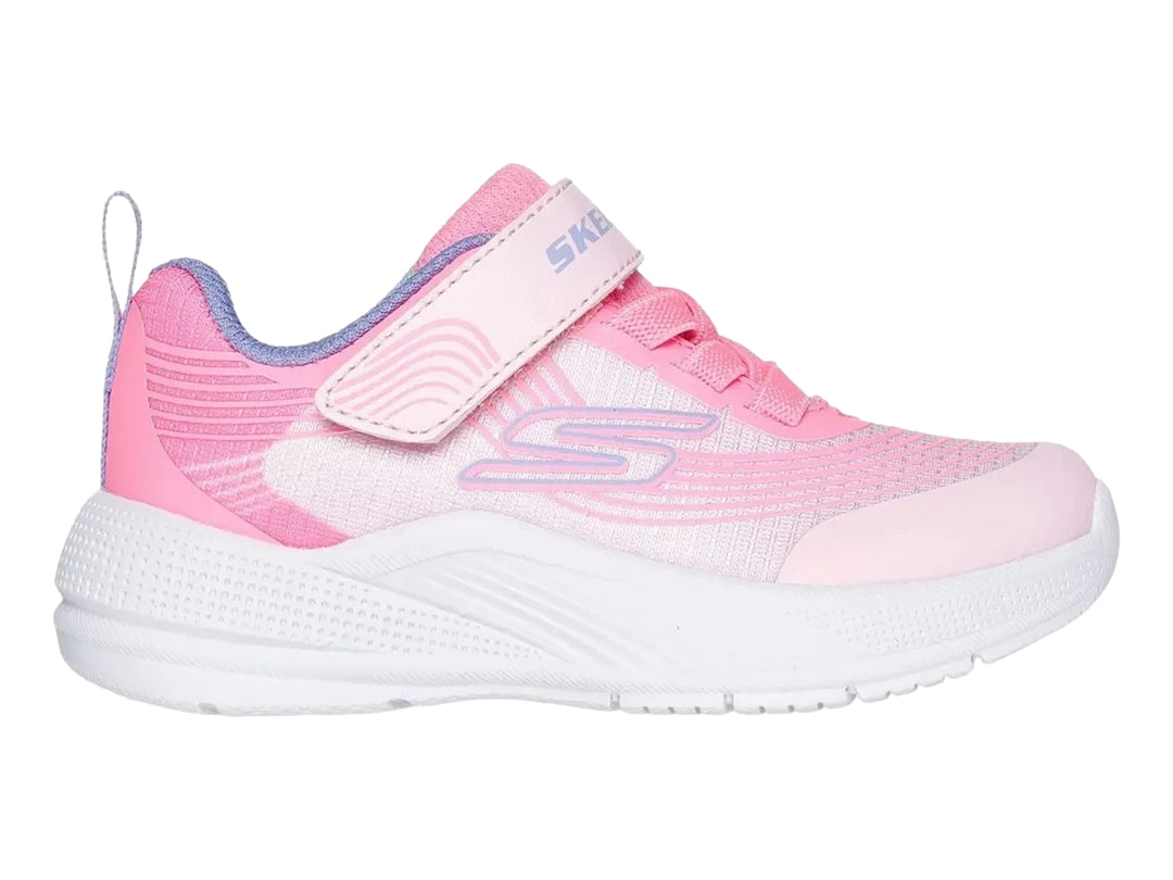 Tenis deportivos para niña de color rosa y blanco con cierre de velcro y suela blanca.