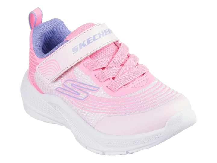 Tenis deportivos para niña de color rosa y blanco con cierre de velcro y suela blanca.