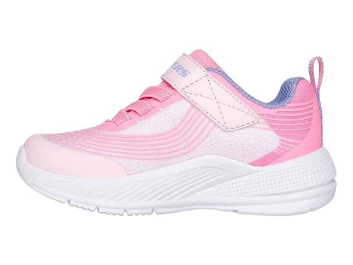 Tenis deportivos para niña de color rosa y blanco con cierre de velcro y suela blanca.