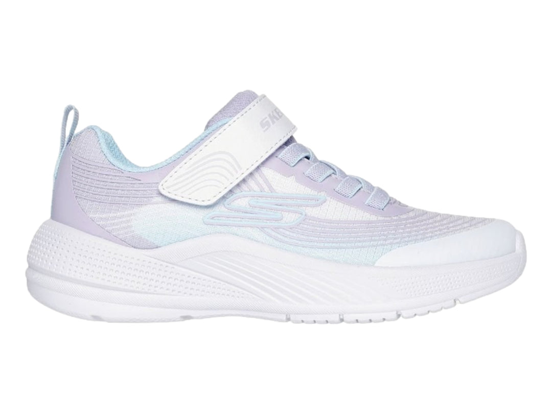 Tenis deportivos Skechers para niña en color lila y blanco con cierre de velcro.