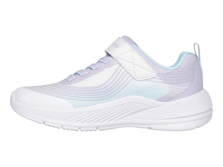 Tenis deportivos Skechers para niña en color lila y blanco con cierre de velcro.