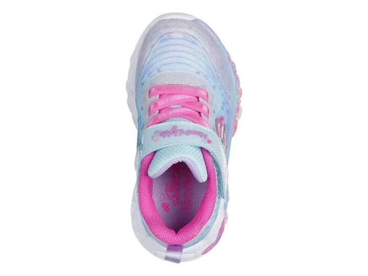 Tenis SKECHERS para niña color azul y rosa con suela de corazones iluminados y acabado brillante.