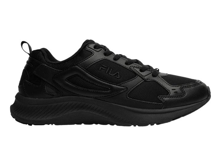 Tenis deportivos FILA color negro con suela gruesa y detalles en malla.