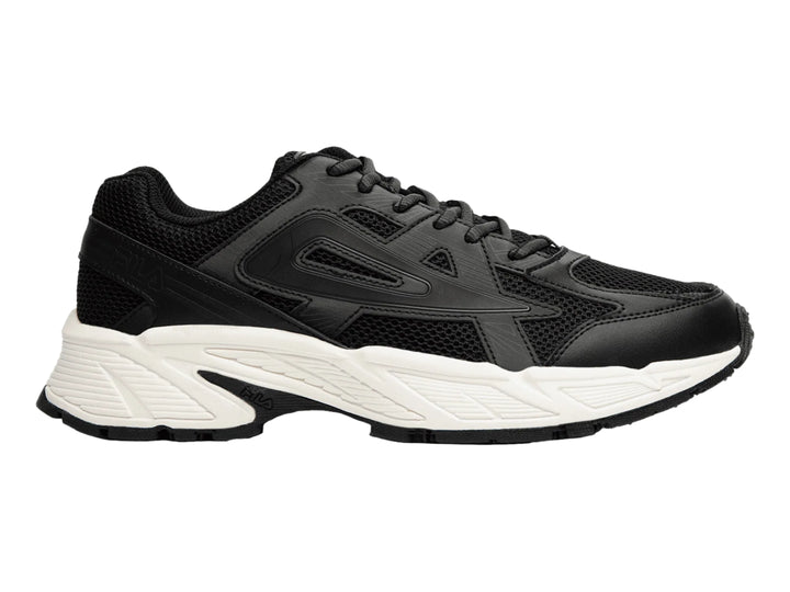 Tenis deportivos FILA color negro con suela blanca y detalles de malla.