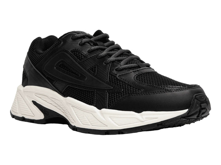 Tenis deportivos FILA color negro con suela blanca y detalles de malla.