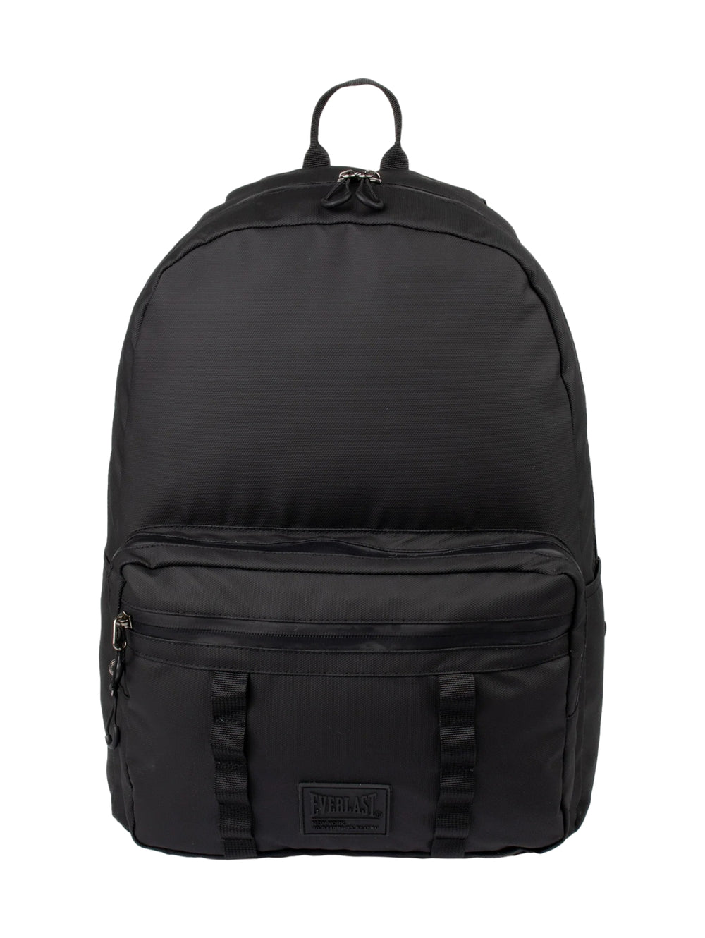 Mochila deportiva color negro de la marca Everlast con bolsillo frontal y logo.