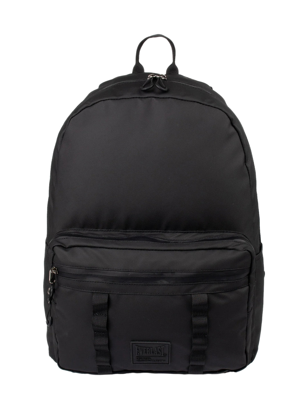 Mochila deportiva color negro de la marca Everlast con bolsillo frontal y logo.