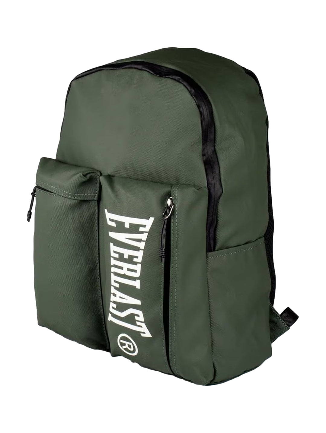 Mochila escolar Everlast de color verde con logotipo blanco en el bolsillo frontal y detalles en negro.