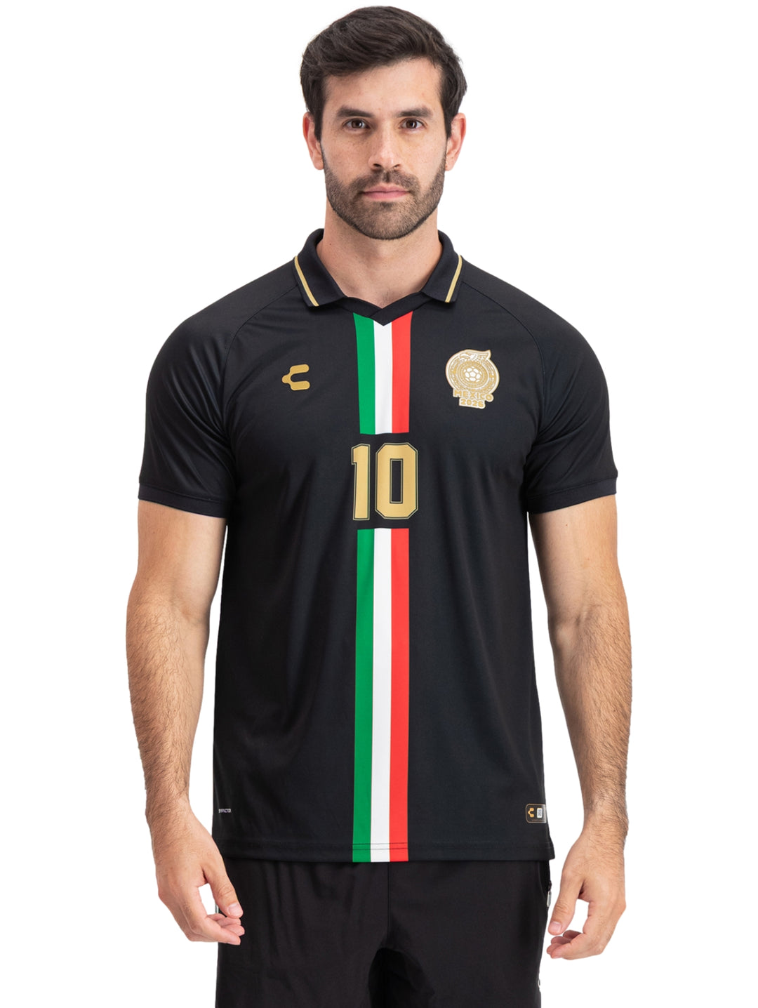 Jersey de fútbol Charly color negro con franja vertical verde, blanca y roja y número 10 en dorado.