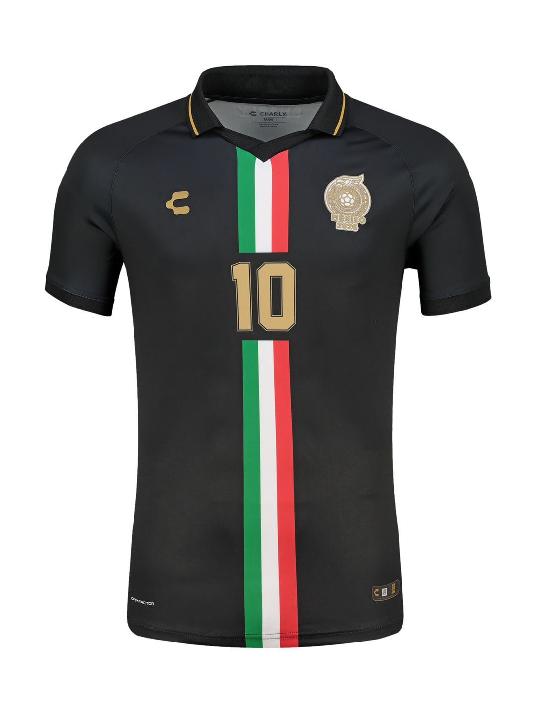Jersey de fútbol Charly color negro con franja vertical verde, blanca y roja y número 10 en dorado.