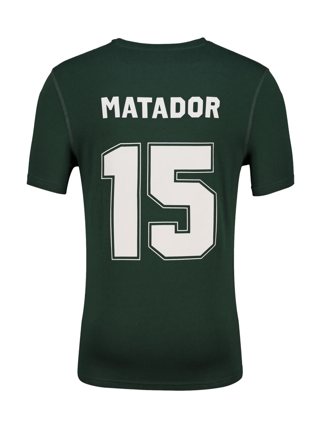 Hombre vistiendo playera deportiva de manga corta color verde con logos en el pecho.