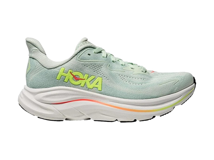 Tenis deportivos HOKA color verde menta con suela blanca y detalles en colores neón.