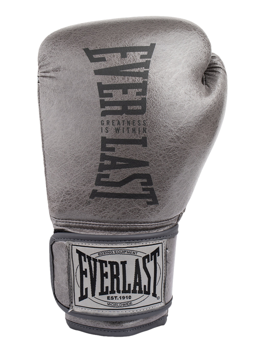 Guante de boxeo Everlast color gris Oxford con logotipo en el frente y la muñeca.