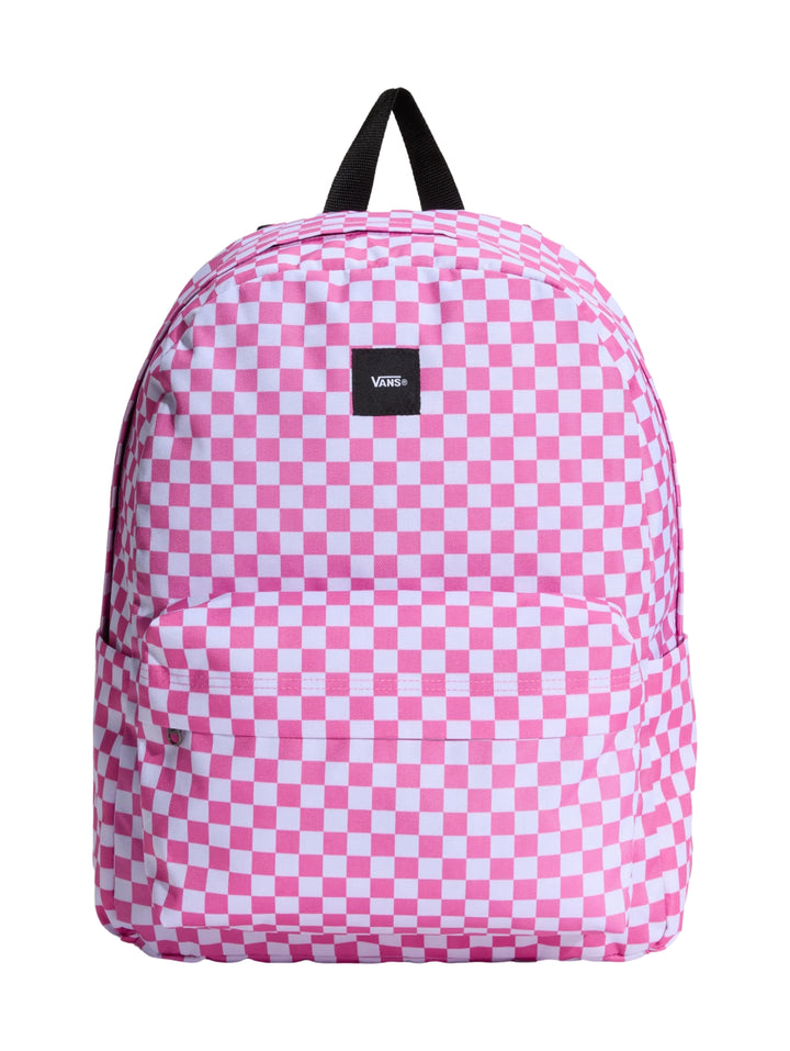 Mochila escolar Vans con estampado de cuadros en color rosa y blanco y asa superior negra.