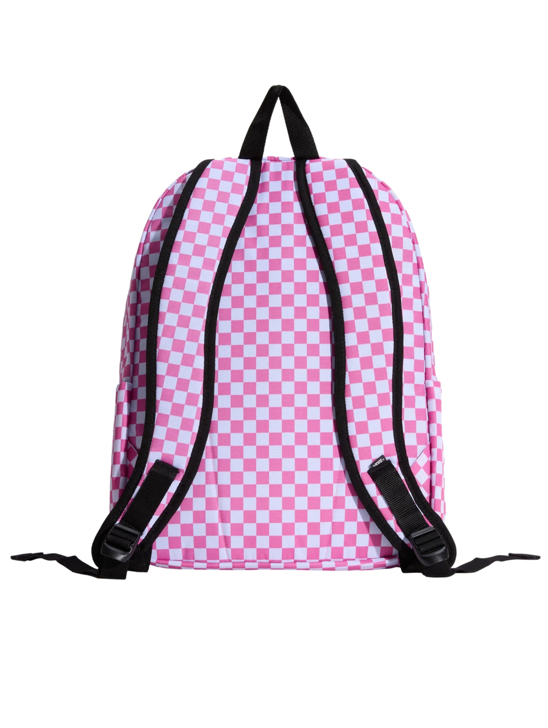 Mochila escolar Vans con estampado de cuadros en color rosa y blanco y asa superior negra.