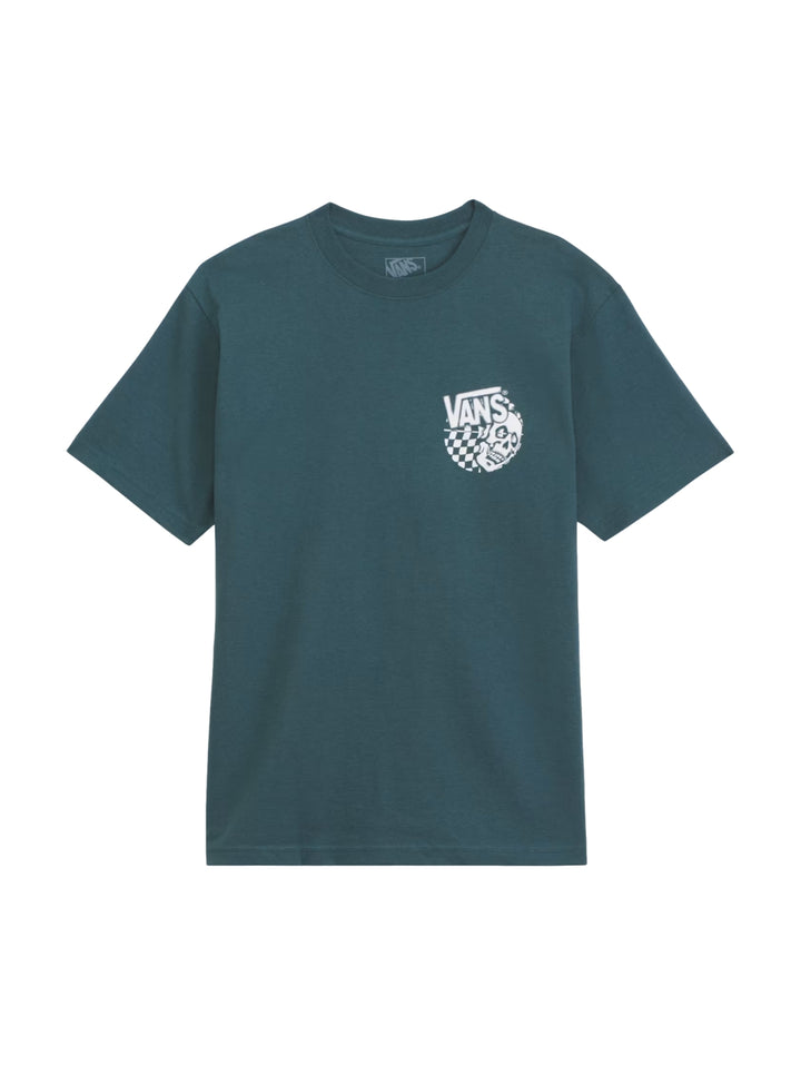 Hombre vistiendo una camiseta de manga corta color verde oscuro con logotipo de VANS en el pecho.