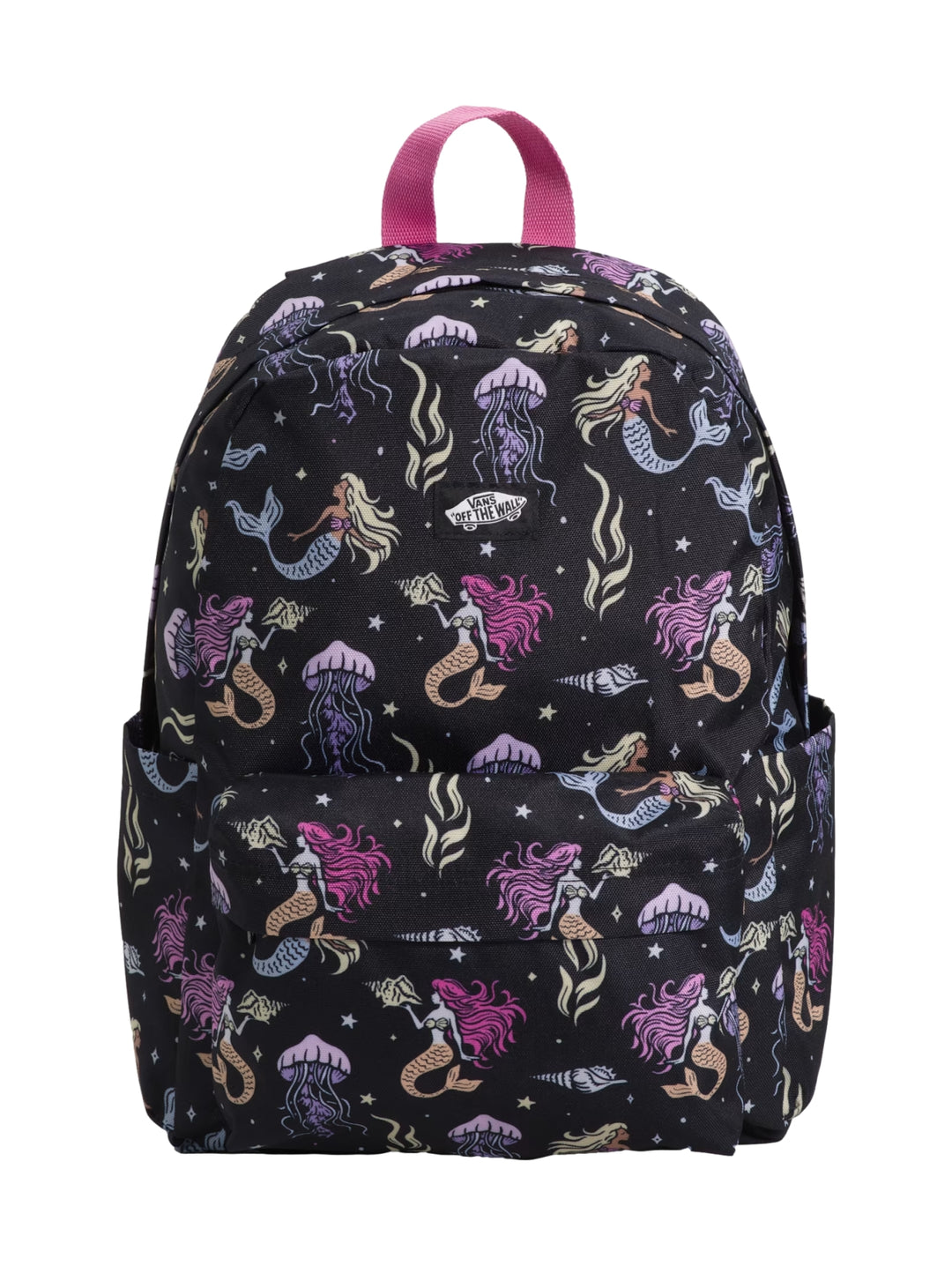 Mochila negra Vans con estampado de sirenas y medusas en tonos rosa y morado y asa superior rosa.