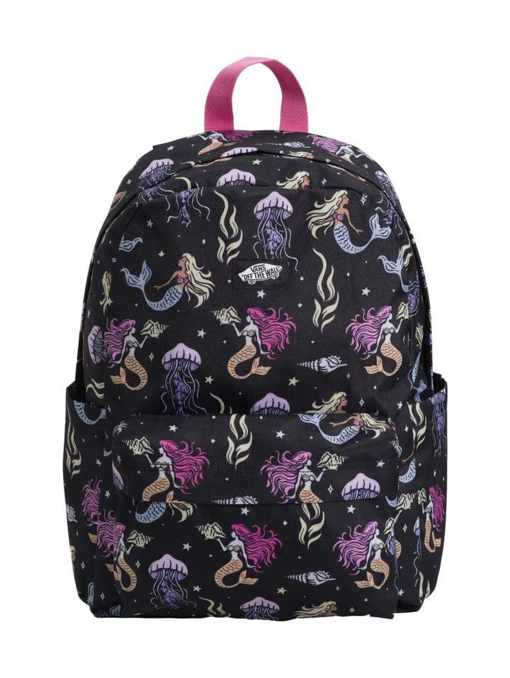 Mochila negra Vans con estampado de sirenas y medusas en tonos rosa y morado y asa superior rosa.