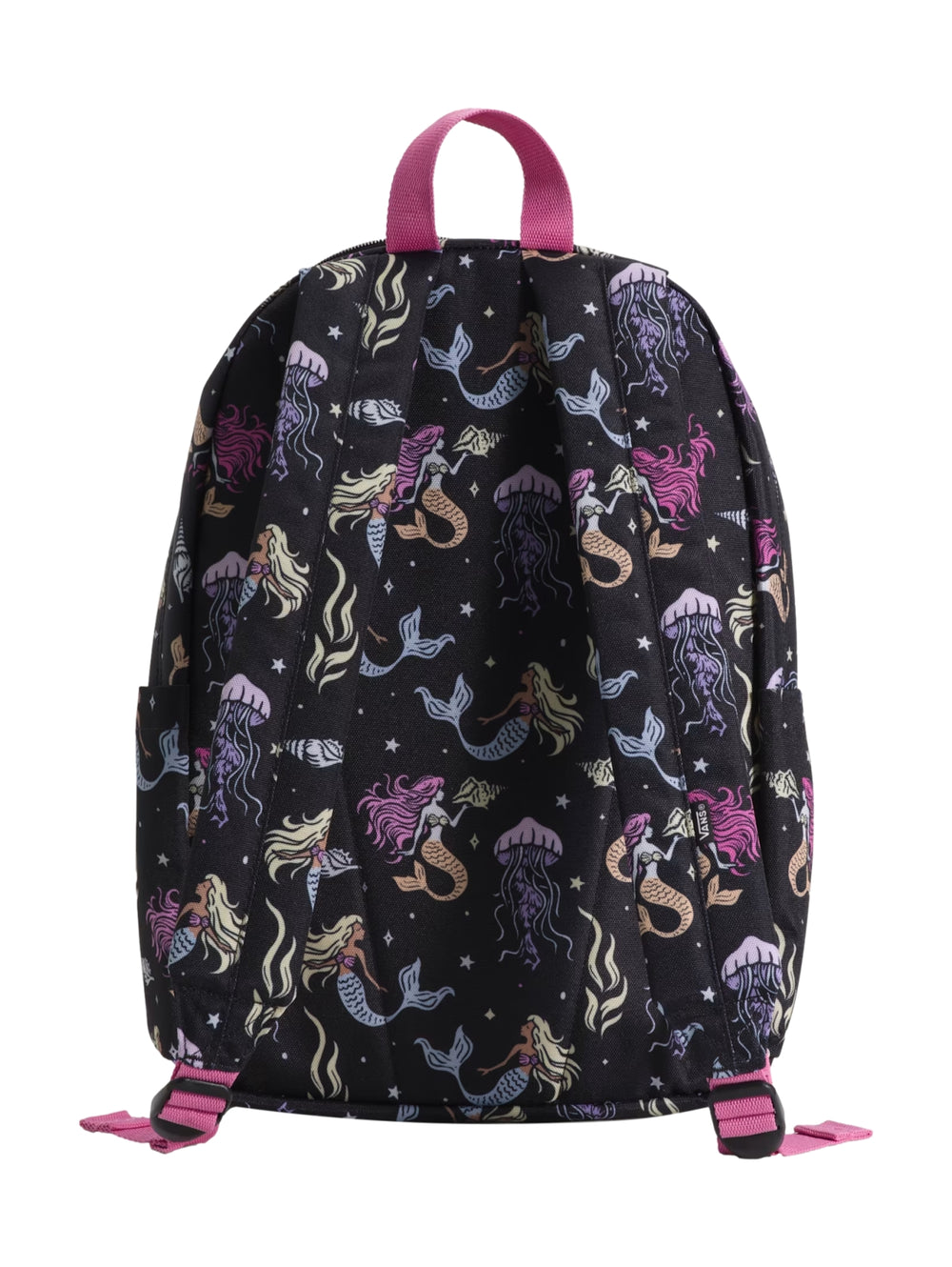 Mochila negra Vans con estampado de sirenas y medusas en tonos rosa y morado y asa superior rosa.