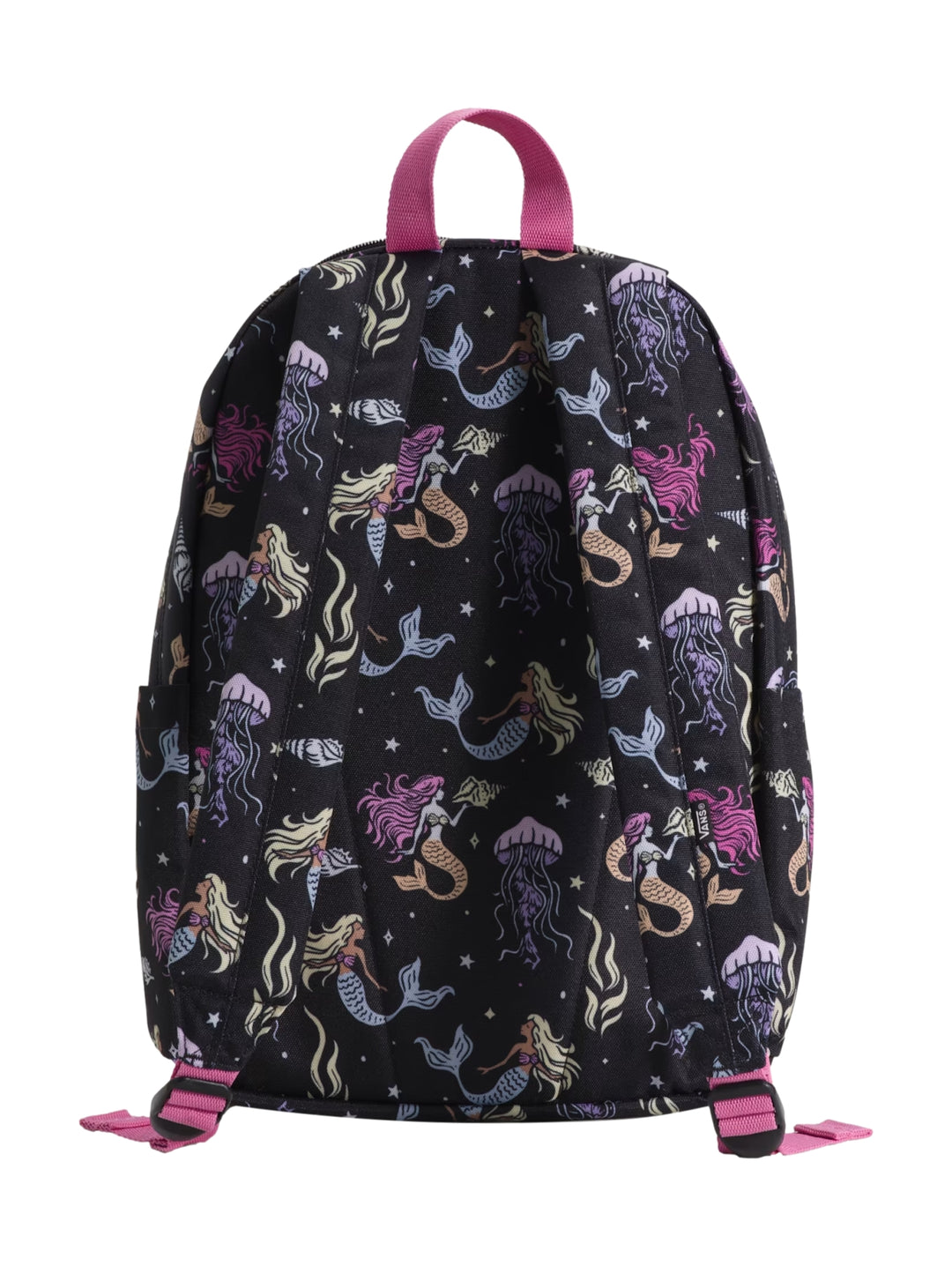 Mochila negra Vans con estampado de sirenas y medusas en tonos rosa y morado y asa superior rosa.