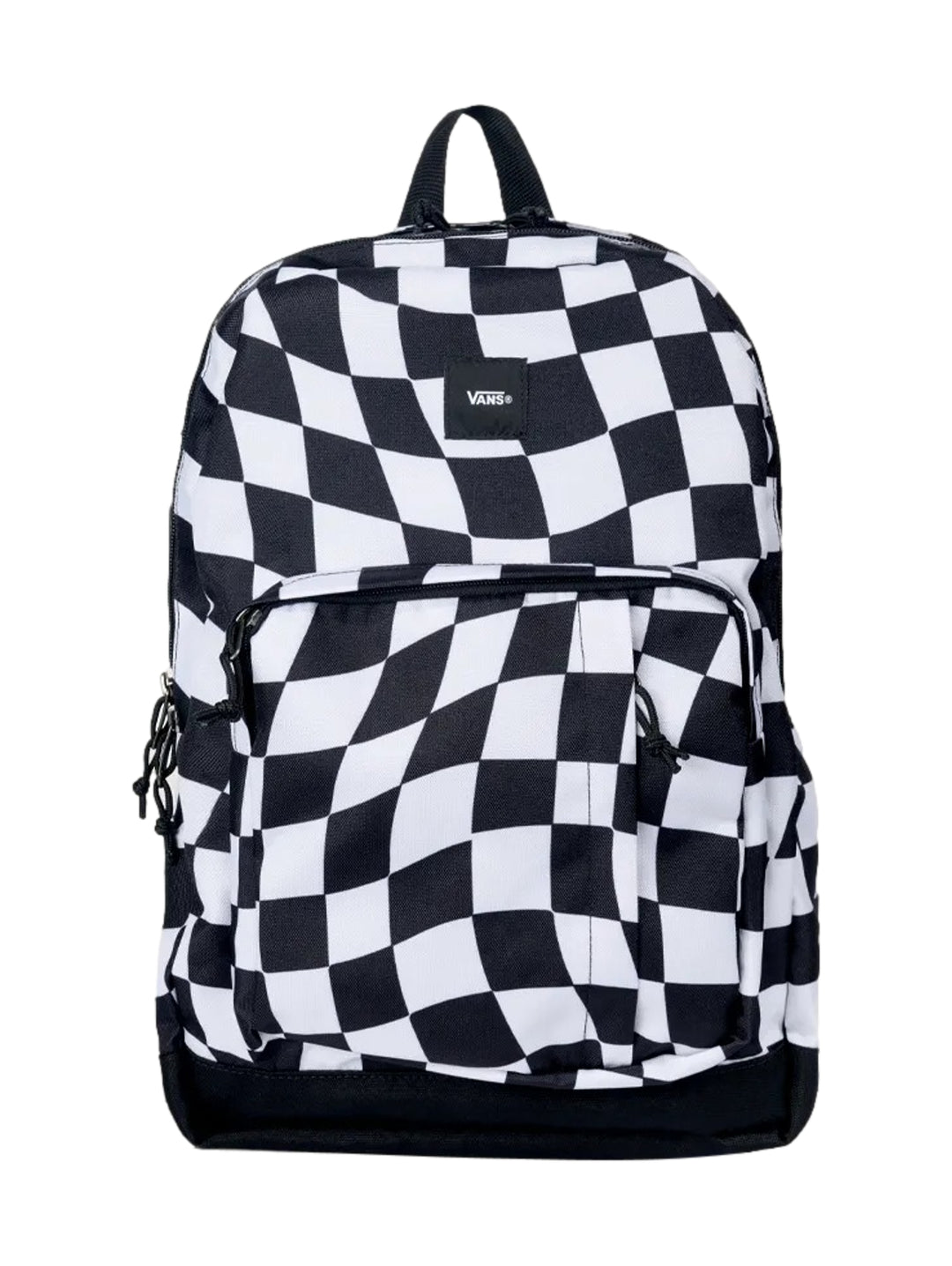 Mochila VANS con diseño de cuadros blancos y negros distorsionados y base negra.