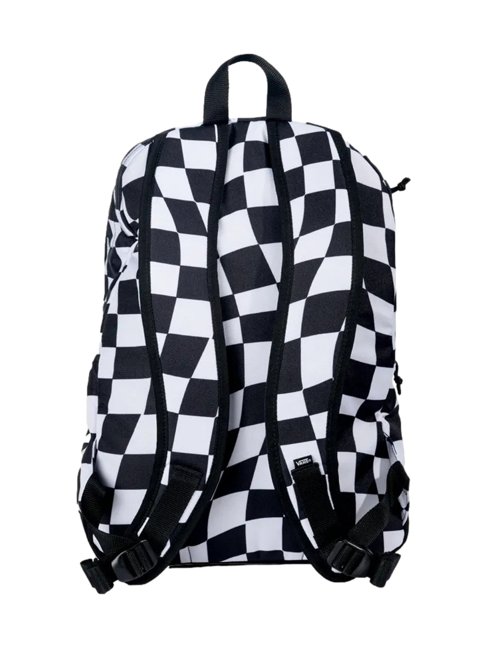 Mochila VANS con diseño de cuadros blancos y negros distorsionados y base negra.