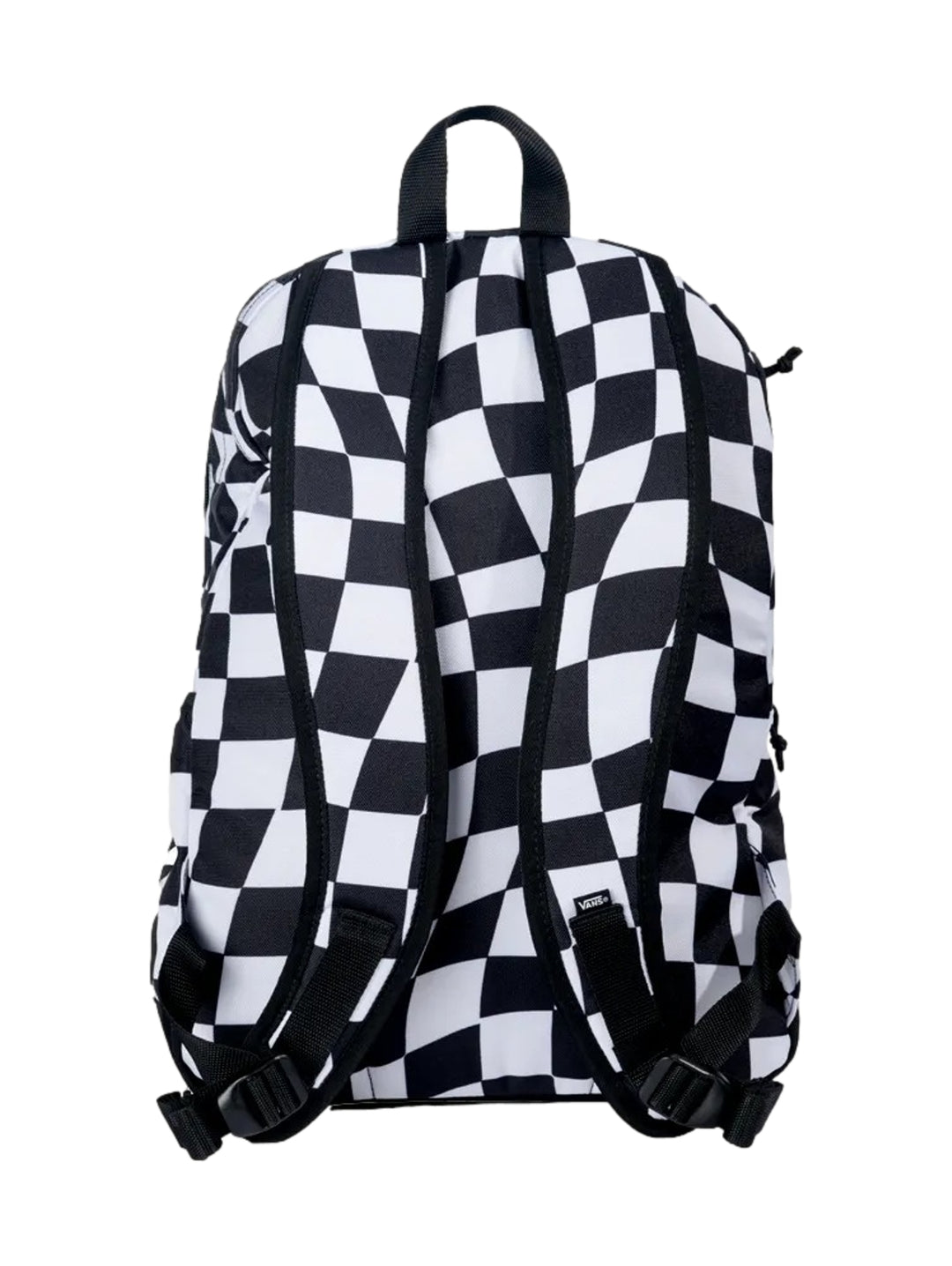 Mochila VANS con diseño de cuadros blancos y negros distorsionados y base negra.
