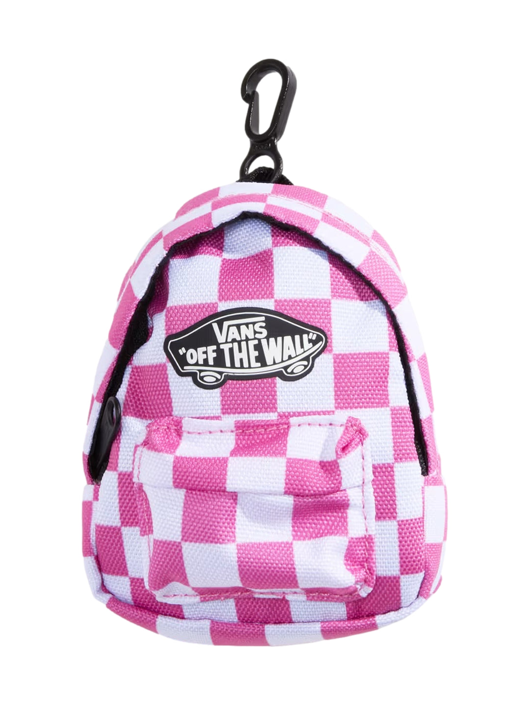 Llavero de mini mochila Vans con diseño de cuadros rosa y blanco y clip negro.